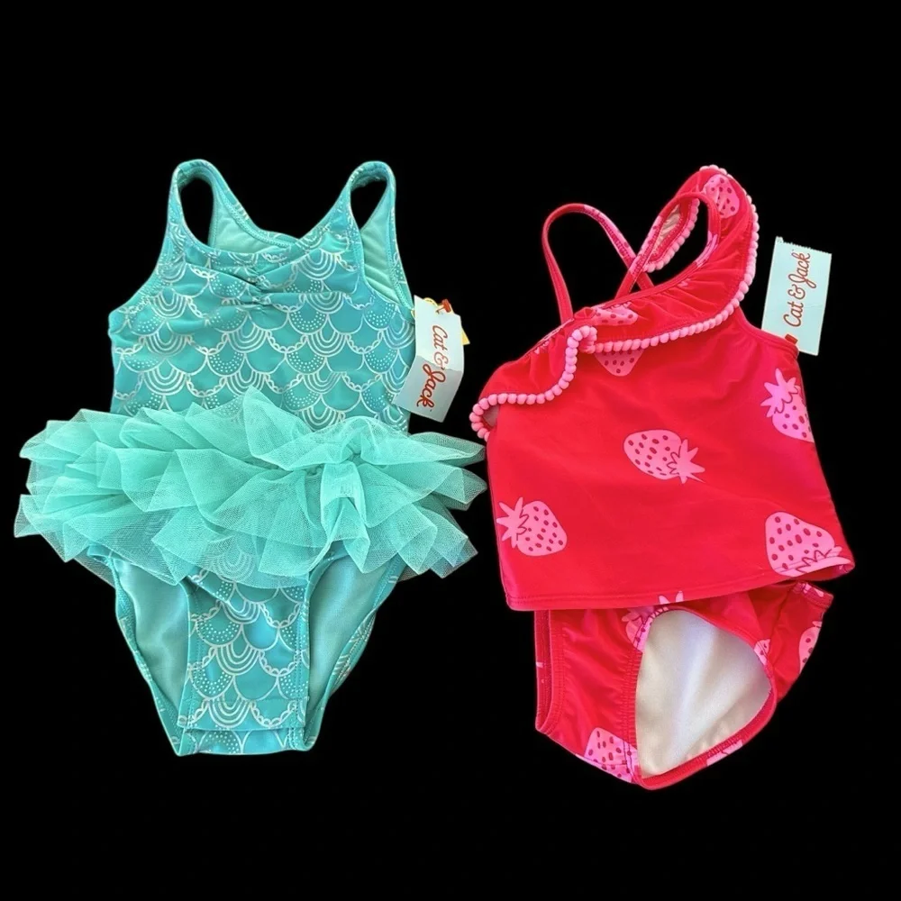 NWT Bundle of 2 Cat & Jack Baby Girls 18 months Swimsuits Strawberry Mermaid New